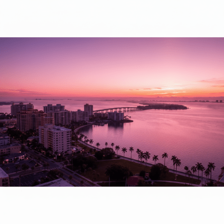 Aerial view of a coastal city at sunrise with a bridge crossing the bay.