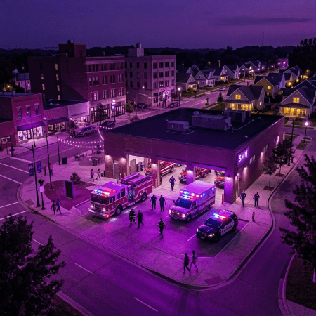 Community hub emergency services center with fire truck, ambulance, police car, and personnel at night